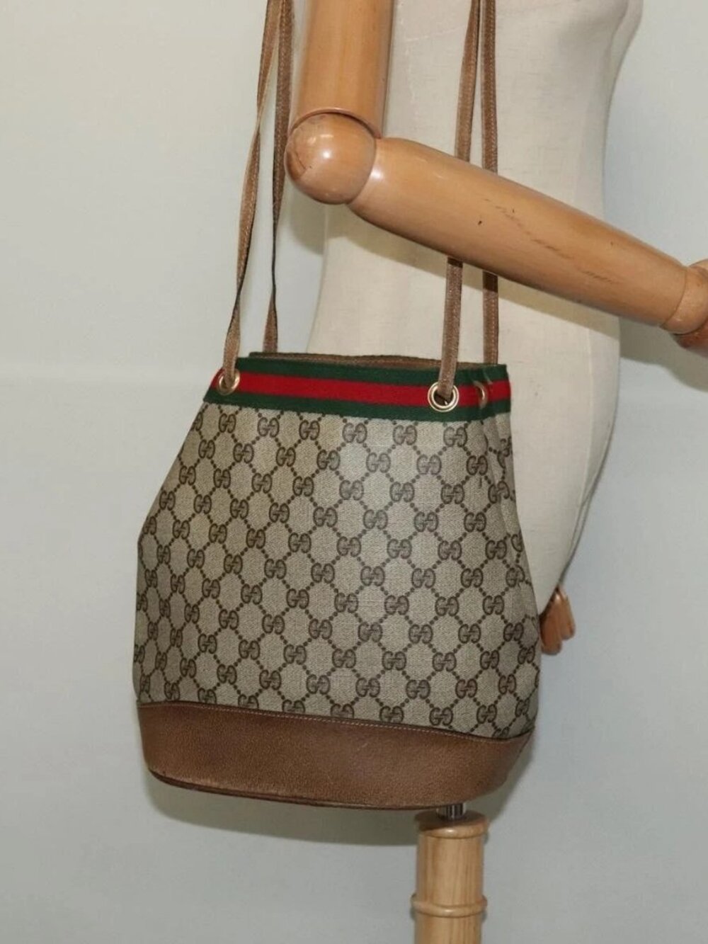GUCCI GG Supreme Web Sherry Line Shoulder Bag PVC Beige Gold Auth 119029